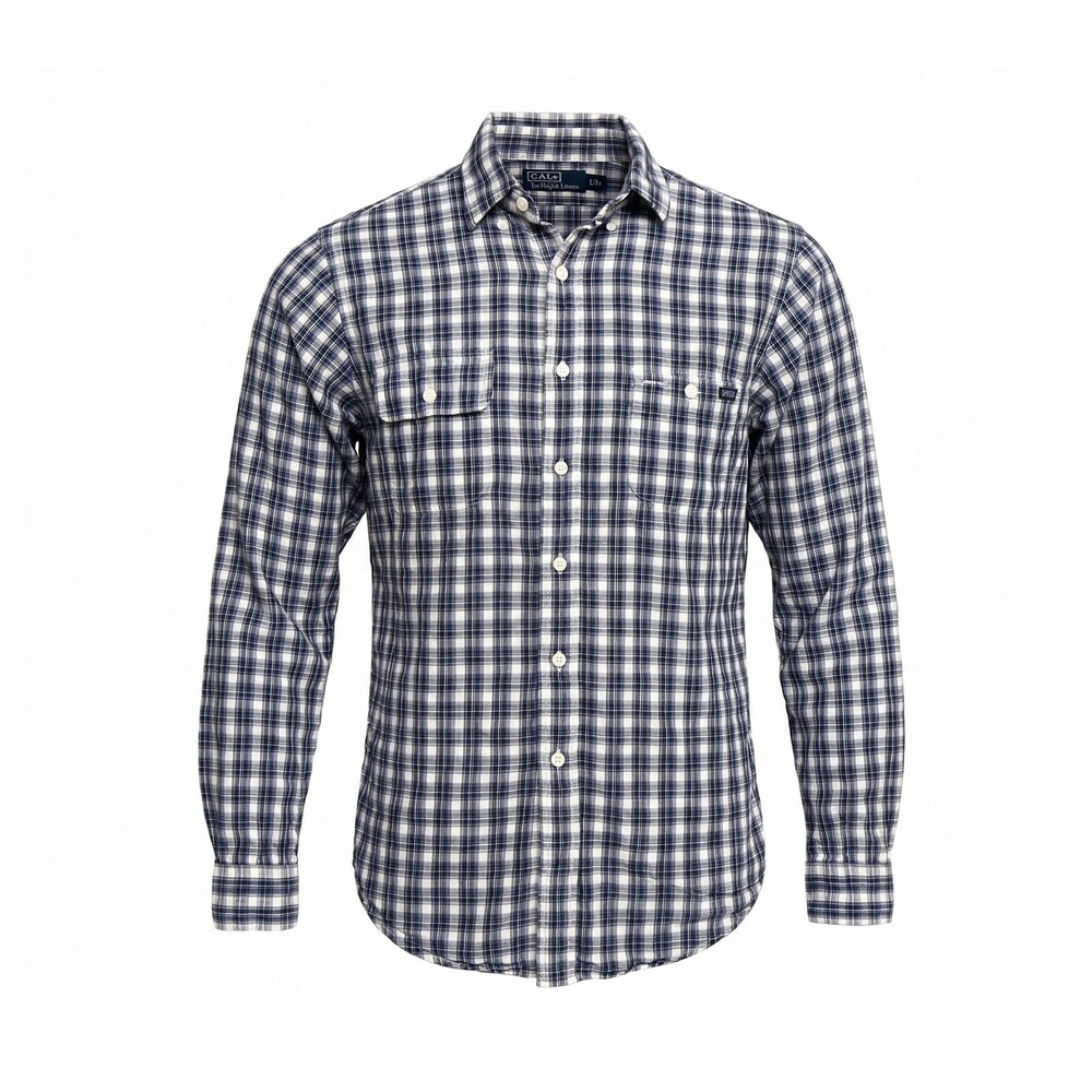Polo Ralph Lauren Blue Plaid Linen Cotton Shirt Medium Chest Pockets Logo Pocket